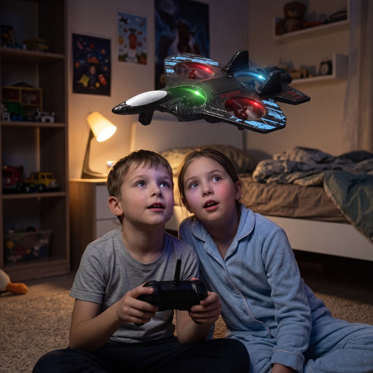 Avion-dron sa LED svetlima uveče u dečjoj sobi