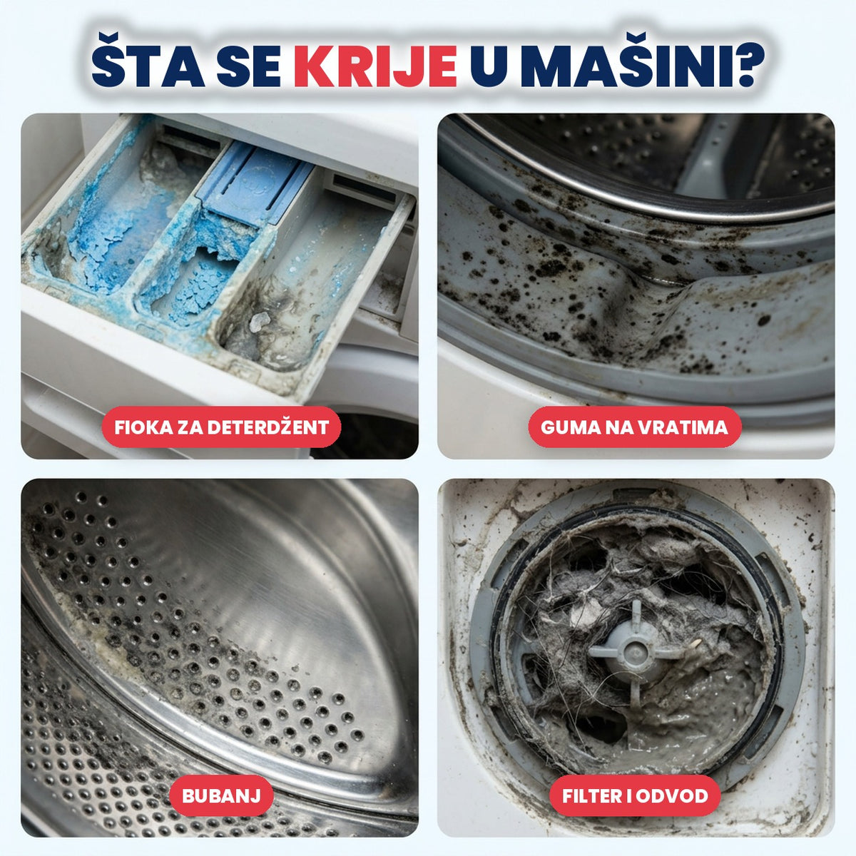 Naslage u fioci, gumi, bubnju i filteru veš mašine
